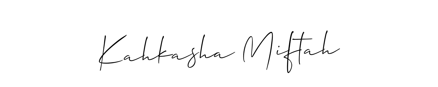 The best way (Allison_Script) to make a short signature is to pick only two or three words in your name. The name Kahkasha Miftah include a total of six letters. For converting this name. Kahkasha Miftah signature style 2 images and pictures png