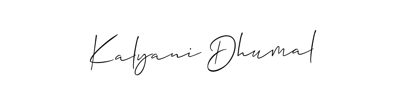 The best way (Allison_Script) to make a short signature is to pick only two or three words in your name. The name Kalyani Dhumal include a total of six letters. For converting this name. Kalyani Dhumal signature style 2 images and pictures png