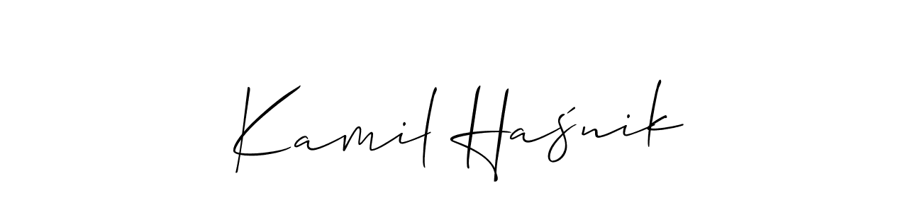 You should practise on your own different ways (Allison_Script) to write your name (Kamil Haśnik) in signature. don't let someone else do it for you. Kamil Haśnik signature style 2 images and pictures png