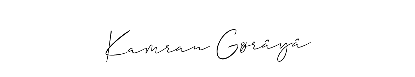 This is the best signature style for the Kamran Gørâyâ name. Also you like these signature font (Allison_Script). Mix name signature. Kamran Gørâyâ signature style 2 images and pictures png