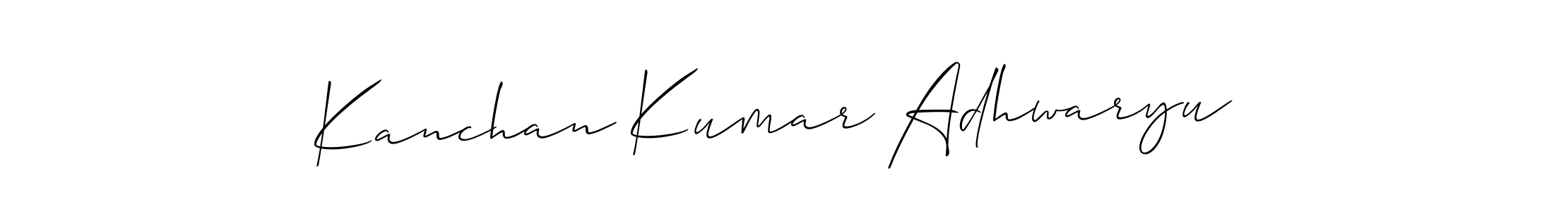 The best way (Allison_Script) to make a short signature is to pick only two or three words in your name. The name Kanchan Kumar Adhwaryu include a total of six letters. For converting this name. Kanchan Kumar Adhwaryu signature style 2 images and pictures png