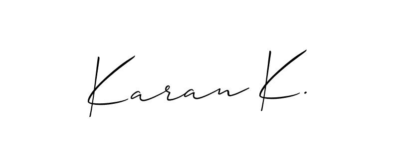 The best way (Allison_Script) to make a short signature is to pick only two or three words in your name. The name Karan K. include a total of six letters. For converting this name. Karan K. signature style 2 images and pictures png