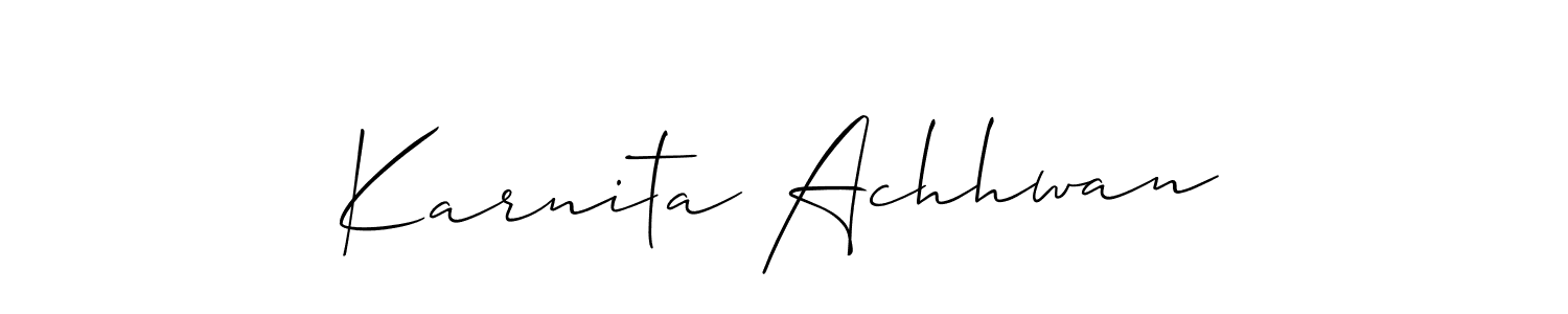 The best way (Allison_Script) to make a short signature is to pick only two or three words in your name. The name Karnita Achhwan include a total of six letters. For converting this name. Karnita Achhwan signature style 2 images and pictures png