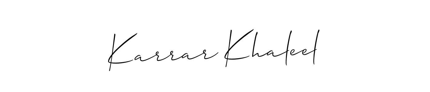 Use a signature maker to create a handwritten signature online. With this signature software, you can design (Allison_Script) your own signature for name Karrar Khaleel. Karrar Khaleel signature style 2 images and pictures png