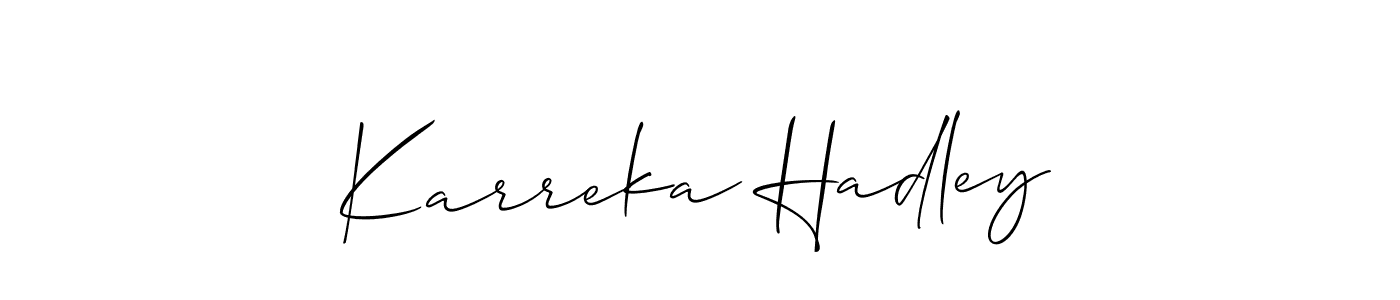 Make a short Karreka Hadley signature style. Manage your documents anywhere anytime using Allison_Script. Create and add eSignatures, submit forms, share and send files easily. Karreka Hadley signature style 2 images and pictures png