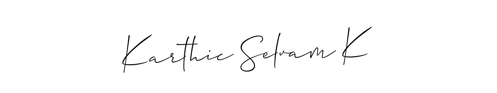 How to make Karthic Selvam K name signature. Use Allison_Script style for creating short signs online. This is the latest handwritten sign. Karthic Selvam K signature style 2 images and pictures png
