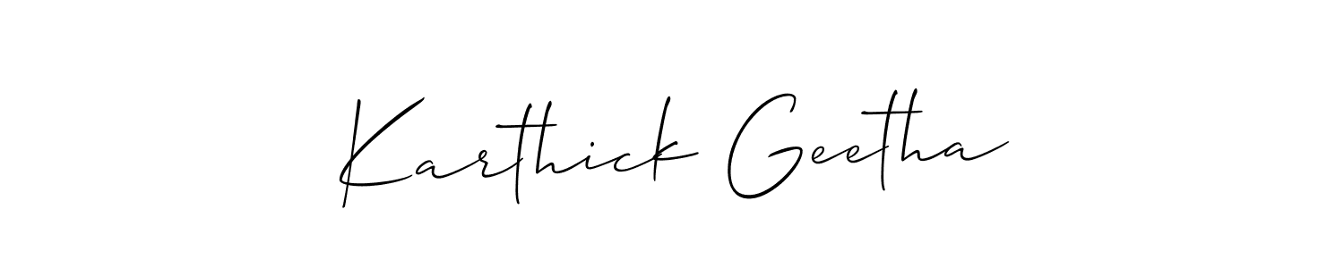 Also You can easily find your signature by using the search form. We will create Karthick Geetha name handwritten signature images for you free of cost using Allison_Script sign style. Karthick Geetha signature style 2 images and pictures png