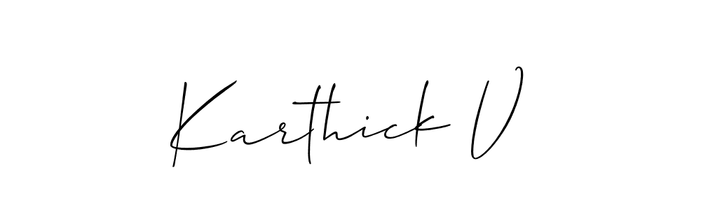 Use a signature maker to create a handwritten signature online. With this signature software, you can design (Allison_Script) your own signature for name Karthick V. Karthick V signature style 2 images and pictures png