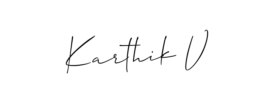 The best way (Allison_Script) to make a short signature is to pick only two or three words in your name. The name Karthik V include a total of six letters. For converting this name. Karthik V signature style 2 images and pictures png