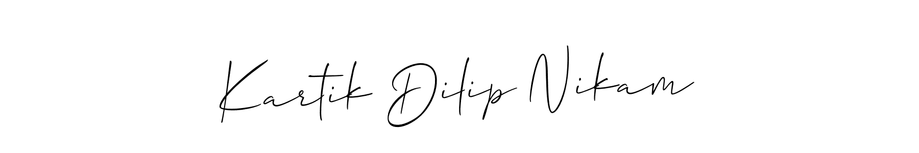 This is the best signature style for the Kartik Dilip Nikam name. Also you like these signature font (Allison_Script). Mix name signature. Kartik Dilip Nikam signature style 2 images and pictures png