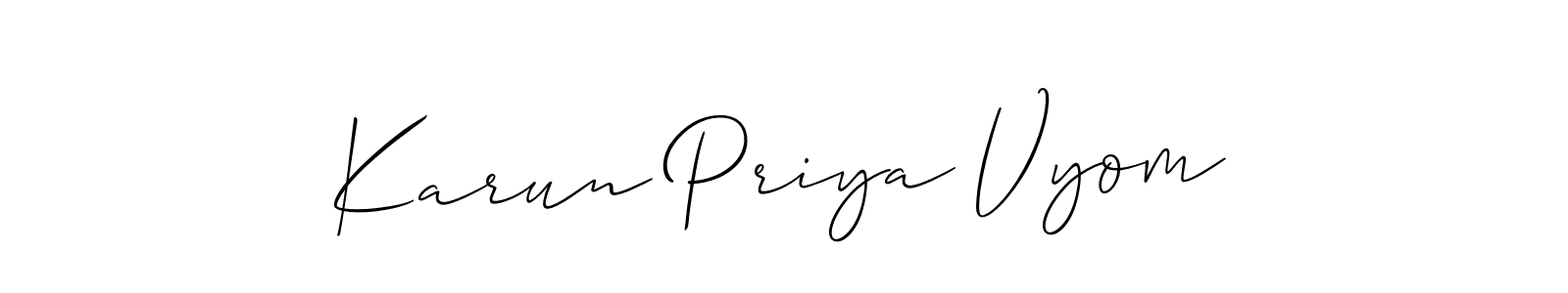 This is the best signature style for the Karun Priya Vyom name. Also you like these signature font (Allison_Script). Mix name signature. Karun Priya Vyom signature style 2 images and pictures png