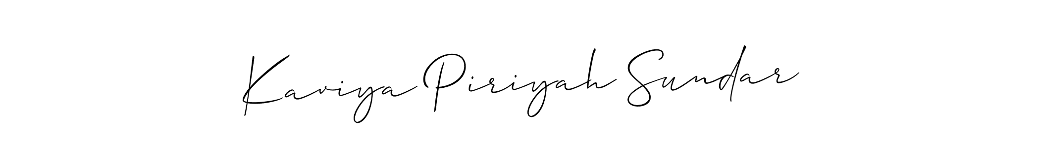 Make a short Kaviya Piriyah Sundar signature style. Manage your documents anywhere anytime using Allison_Script. Create and add eSignatures, submit forms, share and send files easily. Kaviya Piriyah Sundar signature style 2 images and pictures png