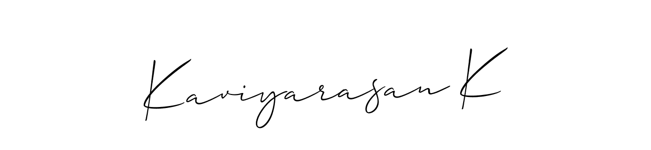 Allison_Script is a professional signature style that is perfect for those who want to add a touch of class to their signature. It is also a great choice for those who want to make their signature more unique. Get Kaviyarasan K name to fancy signature for free. Kaviyarasan K signature style 2 images and pictures png