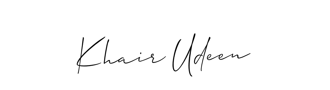 if you are searching for the best signature style for your name Khair Udeen. so please give up your signature search. here we have designed multiple signature styles  using Allison_Script. Khair Udeen signature style 2 images and pictures png