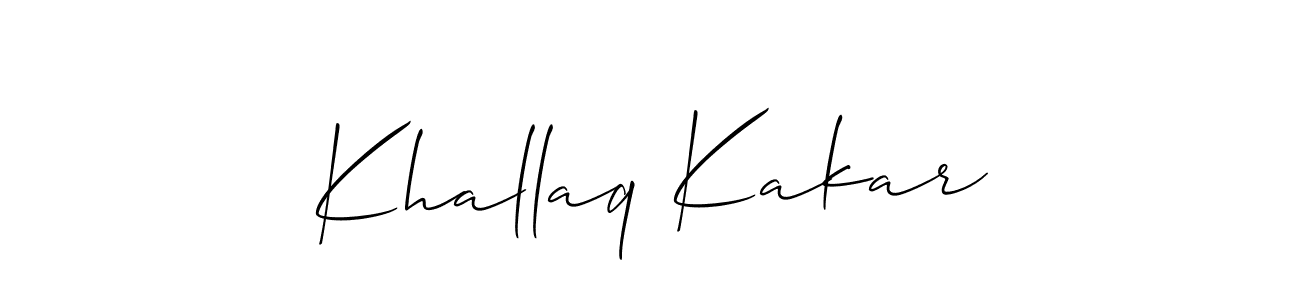 Also You can easily find your signature by using the search form. We will create Khallaq Kakar name handwritten signature images for you free of cost using Allison_Script sign style. Khallaq Kakar signature style 2 images and pictures png