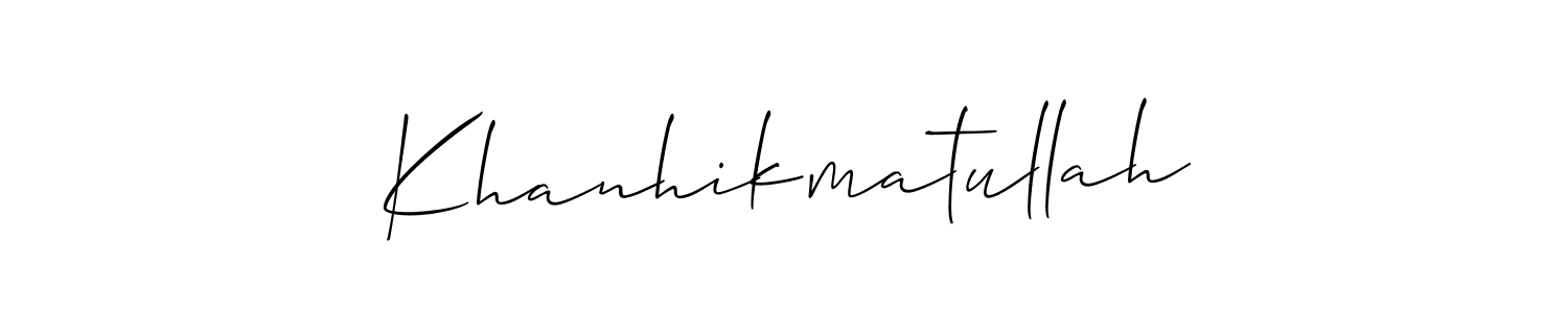 Use a signature maker to create a handwritten signature online. With this signature software, you can design (Allison_Script) your own signature for name Khanhikmatullah. Khanhikmatullah signature style 2 images and pictures png