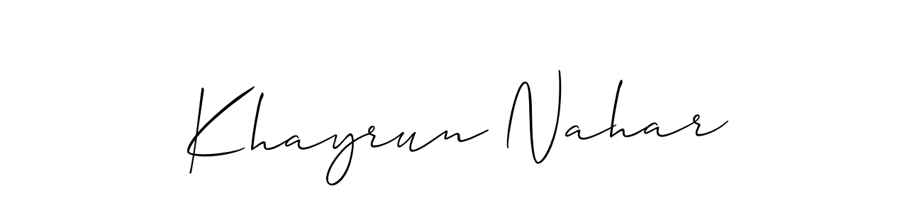 The best way (Allison_Script) to make a short signature is to pick only two or three words in your name. The name Khayrun Nahar include a total of six letters. For converting this name. Khayrun Nahar signature style 2 images and pictures png