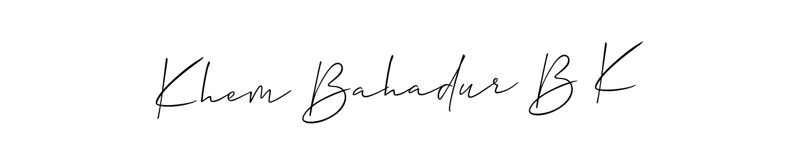 Also You can easily find your signature by using the search form. We will create Khem Bahadur B K name handwritten signature images for you free of cost using Allison_Script sign style. Khem Bahadur B K signature style 2 images and pictures png