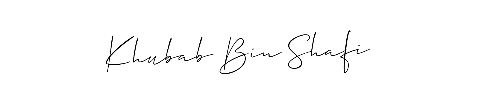 Use a signature maker to create a handwritten signature online. With this signature software, you can design (Allison_Script) your own signature for name Khubab Bin Shafi. Khubab Bin Shafi signature style 2 images and pictures png