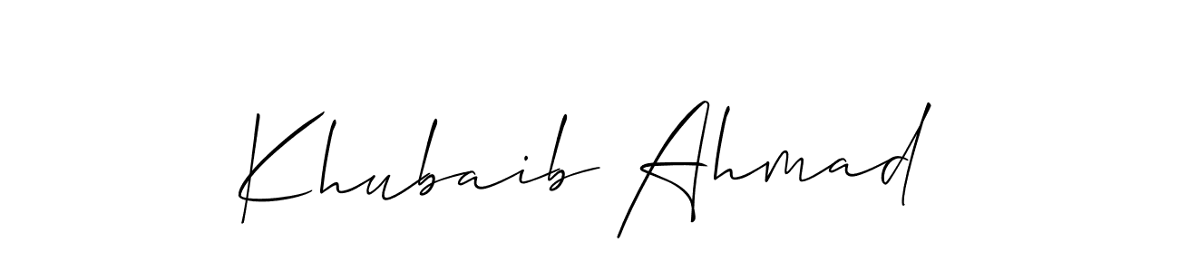 You should practise on your own different ways (Allison_Script) to write your name (Khubaib Ahmad) in signature. don't let someone else do it for you. Khubaib Ahmad signature style 2 images and pictures png