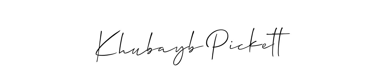 The best way (Allison_Script) to make a short signature is to pick only two or three words in your name. The name Khubayb Pickett include a total of six letters. For converting this name. Khubayb Pickett signature style 2 images and pictures png