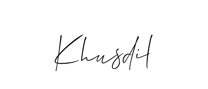 The best way (Allison_Script) to make a short signature is to pick only two or three words in your name. The name Khusdil include a total of six letters. For converting this name. Khusdil signature style 2 images and pictures png