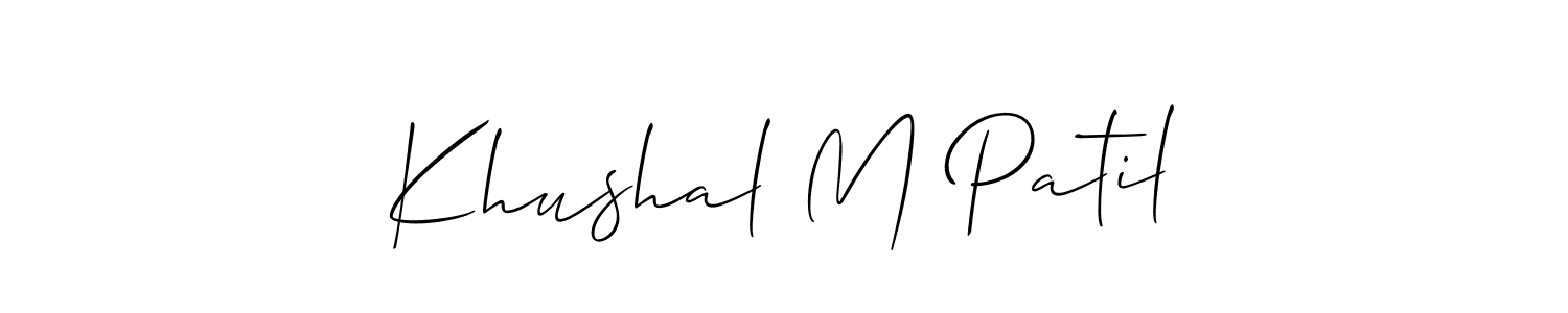 The best way (Allison_Script) to make a short signature is to pick only two or three words in your name. The name Khushal M Patil include a total of six letters. For converting this name. Khushal M Patil signature style 2 images and pictures png