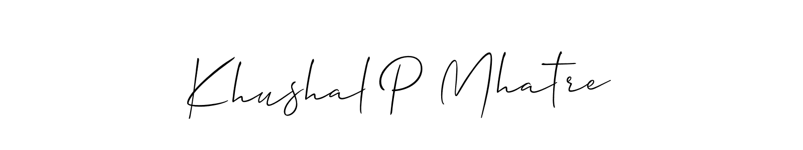 Also You can easily find your signature by using the search form. We will create Khushal P Mhatre name handwritten signature images for you free of cost using Allison_Script sign style. Khushal P Mhatre signature style 2 images and pictures png