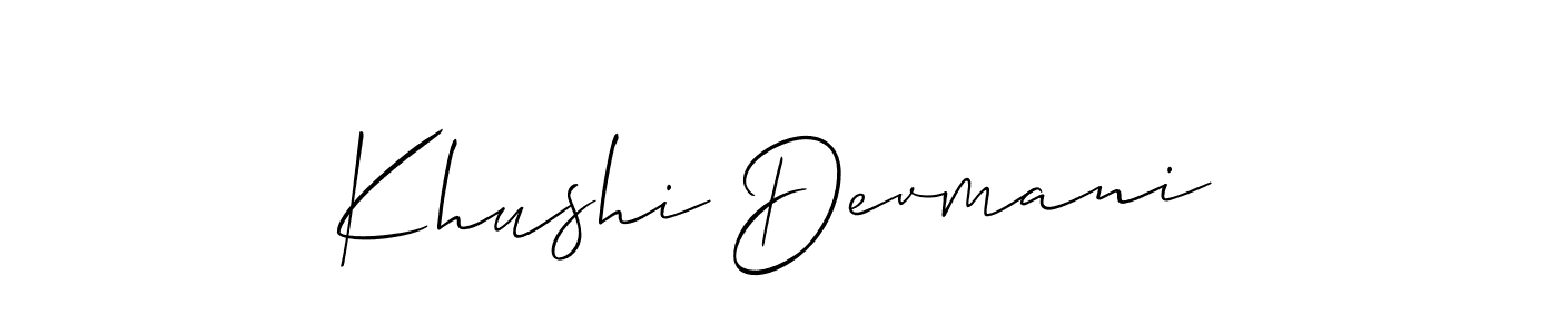 You should practise on your own different ways (Allison_Script) to write your name (Khushi Devmani) in signature. don't let someone else do it for you. Khushi Devmani signature style 2 images and pictures png