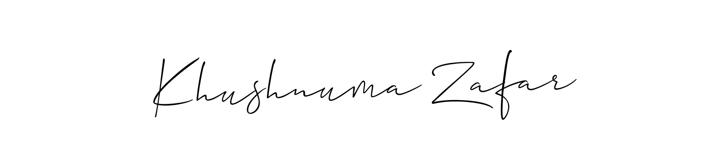 The best way (Allison_Script) to make a short signature is to pick only two or three words in your name. The name Khushnuma Zafar include a total of six letters. For converting this name. Khushnuma Zafar signature style 2 images and pictures png