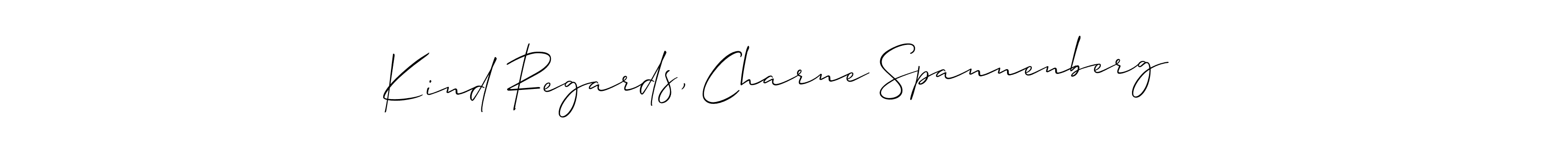 The best way (Allison_Script) to make a short signature is to pick only two or three words in your name. The name Kind Regards, Charne Spannenberg include a total of six letters. For converting this name. Kind Regards, Charne Spannenberg signature style 2 images and pictures png