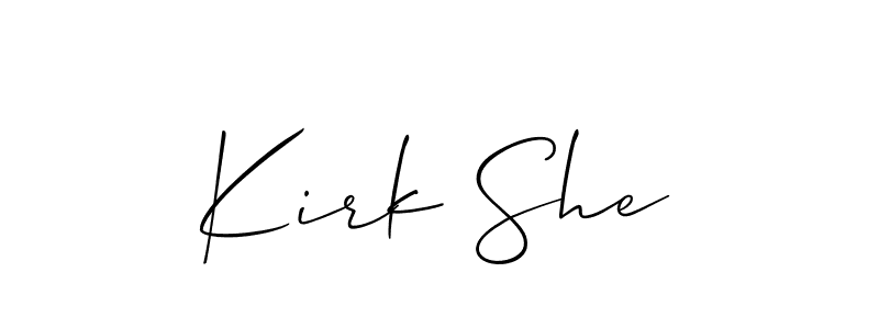 Similarly Allison_Script is the best handwritten signature design. Signature creator online .You can use it as an online autograph creator for name Kirk She. Kirk She signature style 2 images and pictures png