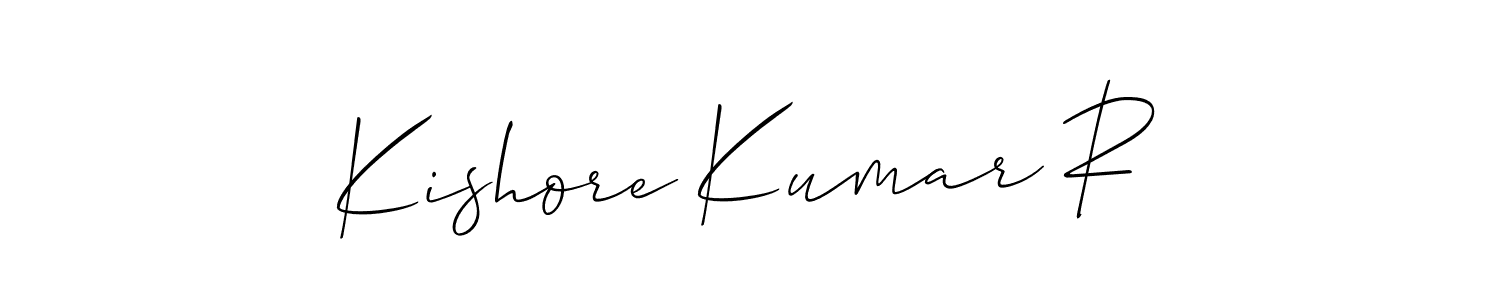 The best way (Allison_Script) to make a short signature is to pick only two or three words in your name. The name Kishore Kumar R include a total of six letters. For converting this name. Kishore Kumar R signature style 2 images and pictures png