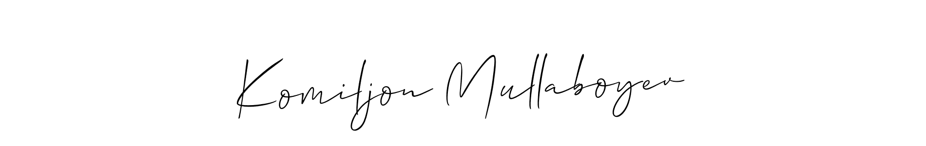 Make a short Komiljon Mullaboyev signature style. Manage your documents anywhere anytime using Allison_Script. Create and add eSignatures, submit forms, share and send files easily. Komiljon Mullaboyev signature style 2 images and pictures png