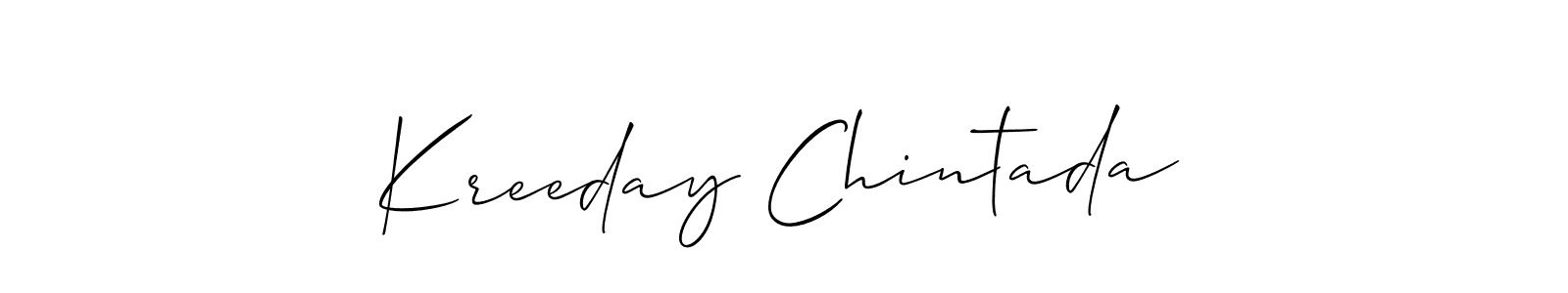 The best way (Allison_Script) to make a short signature is to pick only two or three words in your name. The name Kreeday Chintada include a total of six letters. For converting this name. Kreeday Chintada signature style 2 images and pictures png