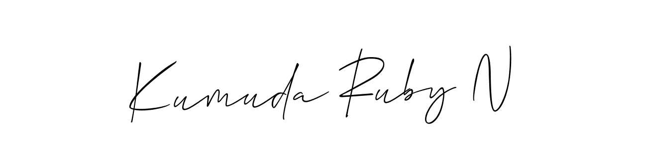 if you are searching for the best signature style for your name Kumuda Ruby N. so please give up your signature search. here we have designed multiple signature styles  using Allison_Script. Kumuda Ruby N signature style 2 images and pictures png
