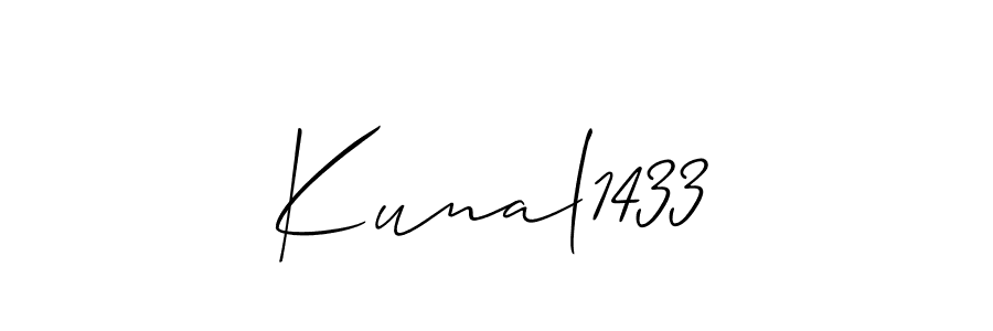The best way (Allison_Script) to make a short signature is to pick only two or three words in your name. The name Kunal1433 include a total of six letters. For converting this name. Kunal1433 signature style 2 images and pictures png