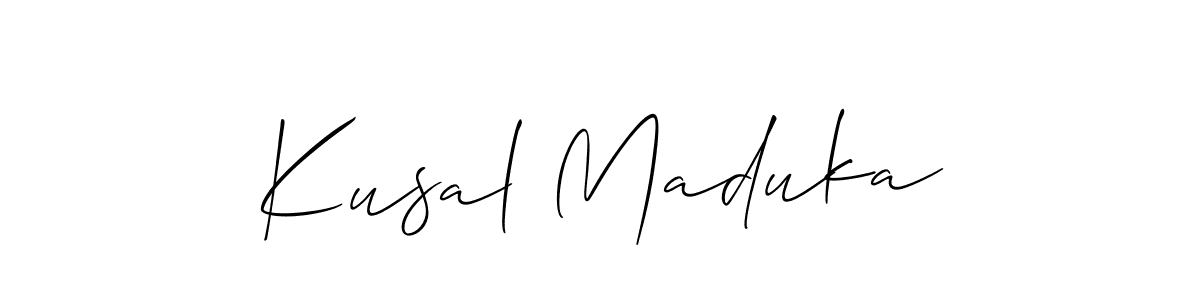 The best way (Allison_Script) to make a short signature is to pick only two or three words in your name. The name Kusal Maduka include a total of six letters. For converting this name. Kusal Maduka signature style 2 images and pictures png