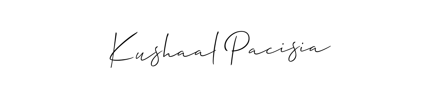 Create a beautiful signature design for name Kushaal Pacisia. With this signature (Allison_Script) fonts, you can make a handwritten signature for free. Kushaal Pacisia signature style 2 images and pictures png