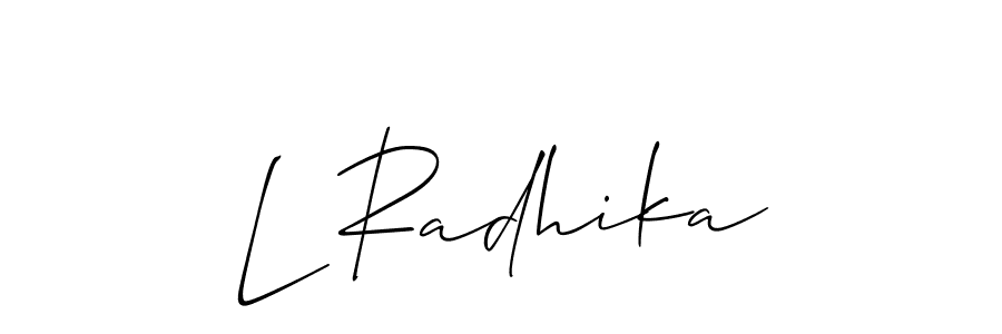 Use a signature maker to create a handwritten signature online. With this signature software, you can design (Allison_Script) your own signature for name L Radhika. L Radhika signature style 2 images and pictures png