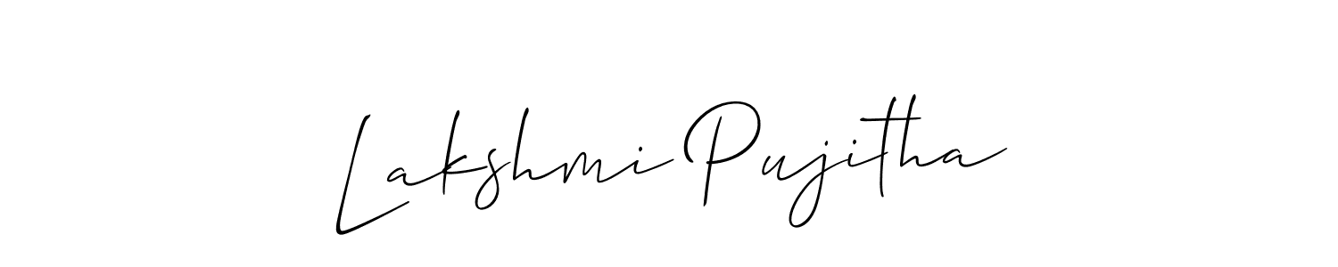 The best way (Allison_Script) to make a short signature is to pick only two or three words in your name. The name Lakshmi Pujitha include a total of six letters. For converting this name. Lakshmi Pujitha signature style 2 images and pictures png