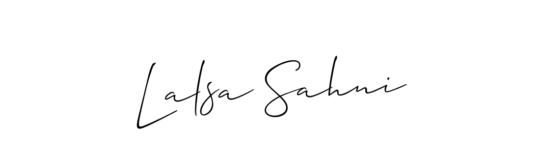 The best way (Allison_Script) to make a short signature is to pick only two or three words in your name. The name Lalsa Sahni include a total of six letters. For converting this name. Lalsa Sahni signature style 2 images and pictures png