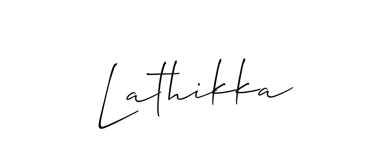 The best way (Allison_Script) to make a short signature is to pick only two or three words in your name. The name Lathikka include a total of six letters. For converting this name. Lathikka signature style 2 images and pictures png