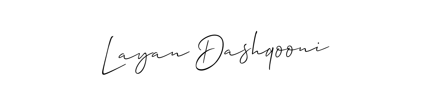 The best way (Allison_Script) to make a short signature is to pick only two or three words in your name. The name Layan Dashqooni include a total of six letters. For converting this name. Layan Dashqooni signature style 2 images and pictures png