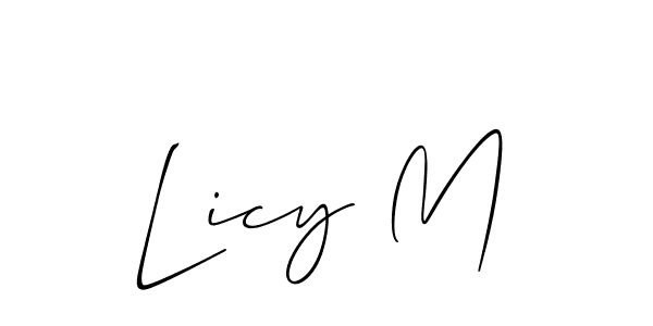 The best way (Allison_Script) to make a short signature is to pick only two or three words in your name. The name Licy M include a total of six letters. For converting this name. Licy M signature style 2 images and pictures png