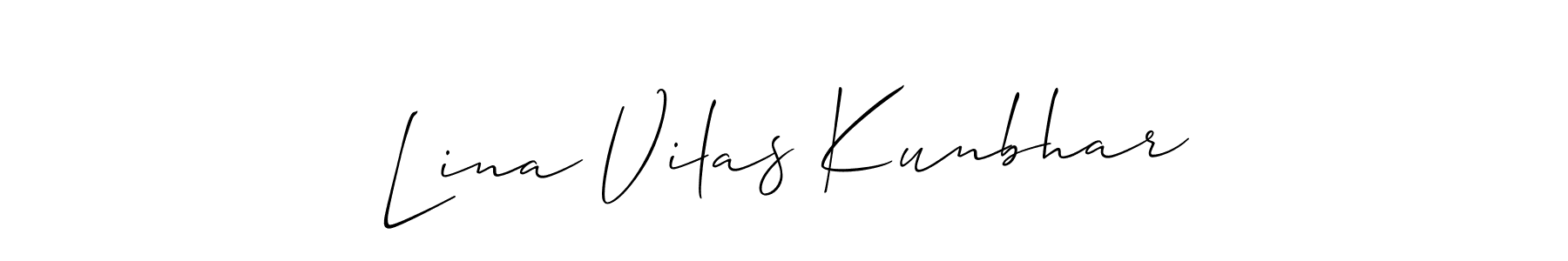 This is the best signature style for the Lina Vilas Kunbhar name. Also you like these signature font (Allison_Script). Mix name signature. Lina Vilas Kunbhar signature style 2 images and pictures png