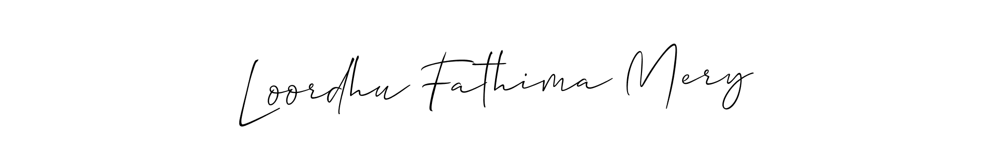 The best way (Allison_Script) to make a short signature is to pick only two or three words in your name. The name Loordhu Fathima Mery include a total of six letters. For converting this name. Loordhu Fathima Mery signature style 2 images and pictures png