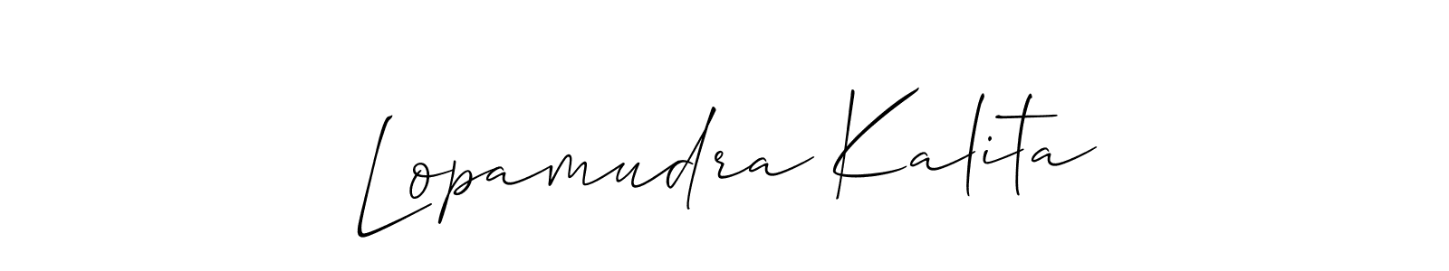 The best way (Allison_Script) to make a short signature is to pick only two or three words in your name. The name Lopamudra Kalita include a total of six letters. For converting this name. Lopamudra Kalita signature style 2 images and pictures png