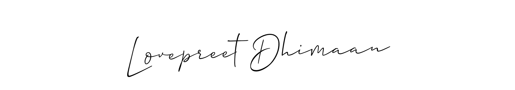 It looks lik you need a new signature style for name Lovepreet Dhimaan. Design unique handwritten (Allison_Script) signature with our free signature maker in just a few clicks. Lovepreet Dhimaan signature style 2 images and pictures png