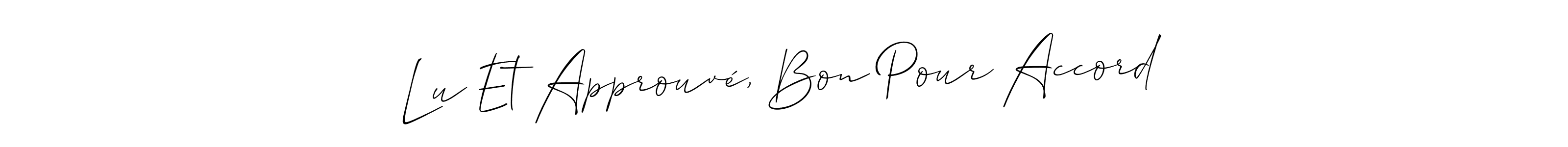 How to make Lu Et Approuvé, Bon Pour Accord name signature. Use Allison_Script style for creating short signs online. This is the latest handwritten sign. Lu Et Approuvé, Bon Pour Accord signature style 2 images and pictures png